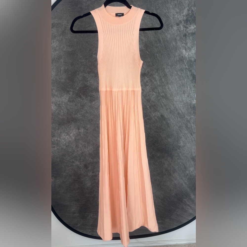 Express Pastel Peach Ribbed Knit Pleated Midi Dress Sleeveless XS